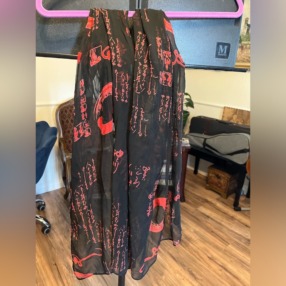 Sheer silk oblong scarf Asian writing